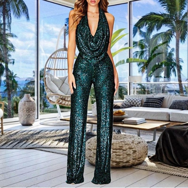 Women's Sexy Halter Deep V Neck Sequin Wide Leg Jumpsuit Backless Sleeveless Sparkling Evening Party Nightclub Clubwear Polyester Sparkling One Piece Outfit Women's Sexy Halter Deep V Neck Sequin Wide Leg Jumpsuit Backless Sleeveless Sparkling Evening Party Nightclub Clubwear Polyester Sparkling One Piece Outfit