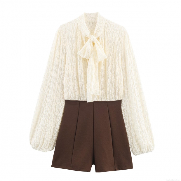 Women Elegant Patchwork Romper Lace Chiffon Long Lantern Sleeve Bow Tie Neck Jumpsuit Vintage Chic High Waist Short Jumpsuit Outfit For Party Autumn