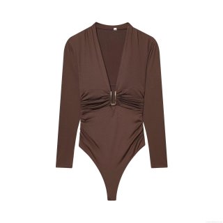 Women's Sexy Deep V-Neck Long Sleeve Ruched Bodysuit With Gold U-Shaped Metal Buckle Solid Color Slim Fit Streetwear Polyester Jumpsuit Top Women's Sexy Deep V-Neck Long Sleeve Ruched Bodysuit With Gold U-Shaped Metal Buckle Solid Color Slim Fit Streetwear Polyester Jumpsuit Top