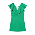 Women Summer Casual V-Neck Ruffle Romper With Back Tie Fashion Solid Color Short Sleeve Jumpsuit For Street Vacation Party Green Women Summer Casual V-Neck Ruffle Romper With Back Tie Fashion Solid Color Short Sleeve Jumpsuit For Street Vacation Party Green