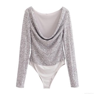 Women's Sexy Silver Sequined Bodysuit Long Sleeve Pleated Metallic Sparkly Body Suit Jumpsuit For Party Nightclub Streetwear Fashion Top Women's Sexy Silver Sequined Bodysuit Long Sleeve Pleated Metallic Sparkly Body Suit Jumpsuit For Party Nightclub Streetwear Fashion Top
