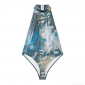 Women's Metallic Glossy Fluid Print Mock Neck Bodysuit Sleeveless Backless High Cut Jumpsuit One-Piece Streetwear Party Clubwear Beachwear For Women