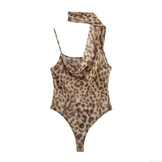 Women Sexy Leopard Print Mesh Bodysuit Halter One Shoulder Sleeveless Slim Fit Jumpsuit For Summer Club Party Streetwear Slimming Romper Women Sexy Leopard Print Mesh Bodysuit Halter One Shoulder Sleeveless Slim Fit Jumpsuit For Summer Club Party Streetwear Slimming Romper