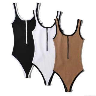 Women's Contrast Trim Knitted Bodysuit Ribbed Sleeveless Half Zipper Slim Fit High Waist Jumpsuit One Piece Street Style Summer Top Women's Contrast Trim Knitted Bodysuit Ribbed Sleeveless Half Zipper Slim Fit High Waist Jumpsuit One Piece Street Style Summer Top
