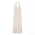 Sexy Women Halter Neck Deep V Backless Jumpsuit Sleeveless Polyester Straight Leg Long Pants Solid Color Elegant Summer Party Clubwear Jumpsuit for Women