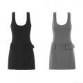 Women's Striped Sleeveless Romper V-Neck Short Jumpsuit With Belt Summer Casual Streetwear One-Piece Outfit Polyester Blend Gray Pinstripe Romper For Ladies