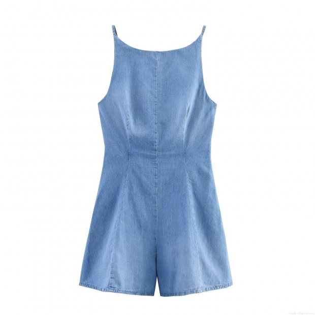 Women's Sexy Backless Denim Romper Sleeveless Tie Back Low Waist Straight Leg Mini Jumpsuit Washed Denim Streetwear Short Bodysuit For Summer