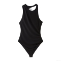 Women's Sexy Backless Bodysuit Rhinestone Bow Halter Neck Jumpsuit Polyester Slim Fit Sleeveless Party Clubwear Black