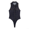 Women's Sleeveless Denim Bodysuit With Turn-down Collar Slim Fit Polyester Jumpsuit Streetwear Style Romper With Pockets For Women Daily Wear Women's Sleeveless Denim Bodysuit With Turn-down Collar Slim Fit Polyester Jumpsuit Streetwear Style Romper With Pockets For Women Daily Wear