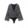Elegant Sequin Bodysuit For Women Sexy Deep V-Neck Long Sleeve Charcoal Grey Polyester Party Clubwear Glamorous Bell Sleeve Tops One Piece Jumpsuit Elegant Sequin Bodysuit For Women Sexy Deep V-Neck Long Sleeve Charcoal Grey Polyester Party Clubwear Glamorous Bell Sleeve Tops One Piece Jumpsuit