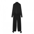 Women's Solid Black High Neck Long Sleeve Jumpsuit Loose Fit High Waist Pleated One Piece Romper With Thumbholes Bow Tie Ankle For Casual Winter Women's Solid Black High Neck Long Sleeve Jumpsuit Loose Fit High Waist Pleated One Piece Romper With Thumbholes Bow Tie Ankle For Casual Winter