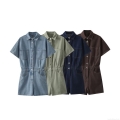 Women's Summer Fashion Casual Denim Romper Loose Lapel Short Sleeve Jumpsuit Solid Color Single Breasted Playsuit With Pockets And Belt For Women Daily Vacation Women's Summer Fashion Casual Denim Romper Loose Lapel Short Sleeve Jumpsuit Solid Color Single Breasted Playsuit With Pockets And Belt For Women Daily Vacation