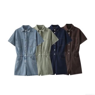 Women's Summer Fashion Casual Denim Romper Loose Lapel Short Sleeve Jumpsuit Solid Color Single Breasted Playsuit With Pockets And Belt For Women Daily Vacation Women's Summer Fashion Casual Denim Romper Loose Lapel Short Sleeve Jumpsuit Solid Color Single Breasted Playsuit With Pockets And Belt For Women Daily Vacation