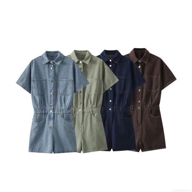Women's Summer Fashion Casual Denim Romper Loose Lapel Short Sleeve Jumpsuit Solid Color Single Breasted Playsuit With Pockets And Belt For Women Daily Vacation Women's Summer Fashion Casual Denim Romper Loose Lapel Short Sleeve Jumpsuit Solid Color Single Breasted Playsuit With Pockets And Belt For Women Daily Vacation