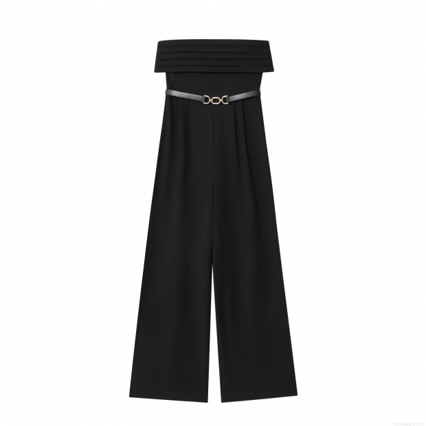 Women's Sexy Strapless Jumpsuit With Belt Black Polyester Twill High Waist Wide Leg Long Pants Elegant Party Evening Clubwear One Piece Romper Women's Sexy Strapless Jumpsuit With Belt Black Polyester Twill High Waist Wide Leg Long Pants Elegant Party Evening Clubwear One Piece Romper