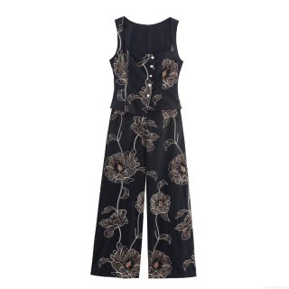 Women's Vintage Elegant Sleeveless Black Jumpsuit With Gold Floral Embroidery Button Front Wide Leg Long Pant Cotton Blend Romper Women's Vintage Elegant Sleeveless Black Jumpsuit With Gold Floral Embroidery Button Front Wide Leg Long Pant Cotton Blend Romper