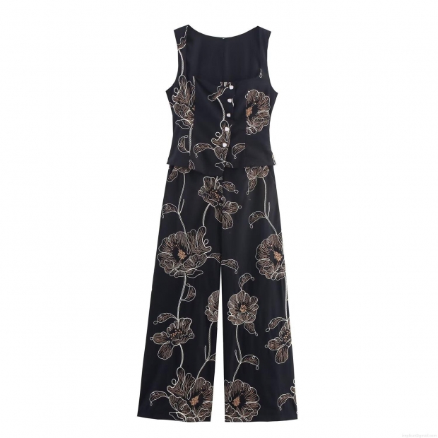 Women's Vintage Elegant Sleeveless Black Jumpsuit With Gold Floral Embroidery Button Front Wide Leg Long Pant Cotton Blend Romper Women's Vintage Elegant Sleeveless Black Jumpsuit With Gold Floral Embroidery Button Front Wide Leg Long Pant Cotton Blend Romper
