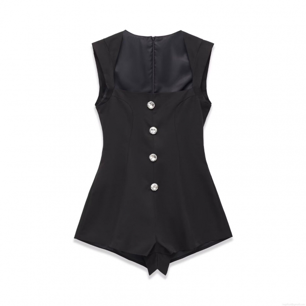 Elegant Women's Square Neck Sleeveless Romper Cotton Blend Jumpsuit With Rhinestone Buttons Sexy Clubwear Slim Fit Short Pants For Summer Party Elegant Women's Square Neck Sleeveless Romper Cotton Blend Jumpsuit With Rhinestone Buttons Sexy Clubwear Slim Fit Short Pants For Summer Party