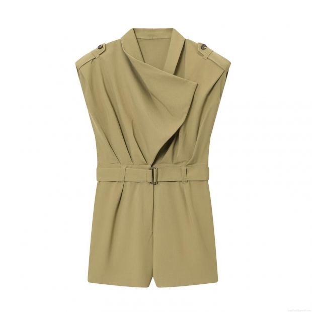 Women Cargo Sleeveless Jumpsuit Polyester Spandex Notched Lapel Belted Romper Military Style One Piece Short Jumpsuit For Daily Casual Wear Women Cargo Sleeveless Jumpsuit Polyester Spandex Notched Lapel Belted Romper Military Style One Piece Short Jumpsuit For Daily Casual Wear