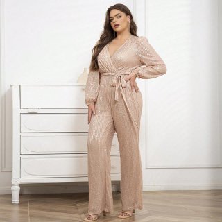Women's Elegant Deep V-Neck Sequin Jumpsuit Long Sleeve Tie Waist Straight Leg Overall Champagne Gold Sexy Party Evening Club Romper For Ladies Women's Elegant Deep V-Neck Sequin Jumpsuit Long Sleeve Tie Waist Straight Leg Overall Champagne Gold Sexy Party Evening Club Romper For Ladies