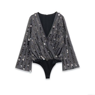Women's Sexy Deep V-Neck Sequin Bodysuit Long Flared Sleeve Mesh Patchwork Leotard Top Party Night Out Clubwear Romper Women's Sexy Deep V-Neck Sequin Bodysuit Long Flared Sleeve Mesh Patchwork Leotard Top Party Night Out Clubwear Romper