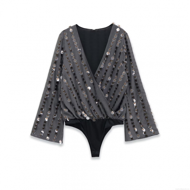 Women's Sexy Deep V-Neck Sequin Bodysuit Long Flared Sleeve Mesh Patchwork Leotard Top Party Night Out Clubwear Romper Women's Sexy Deep V-Neck Sequin Bodysuit Long Flared Sleeve Mesh Patchwork Leotard Top Party Night Out Clubwear Romper