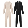 Women's Ribbed Knit Long Sleeve Jumpsuit Half Zipper High Neck Slim Fit Full Length Bodysuit For Casual Party Streetwear Women's Ribbed Knit Long Sleeve Jumpsuit Half Zipper High Neck Slim Fit Full Length Bodysuit For Casual Party Streetwear
