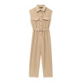 Women's Sleeveless Jumpsuit Solid Color Cotton Blend Workwear Style Lapel Button Up Romper With Belt Straight Leg Commuter Long Jumpsuits For Ladies Women's Sleeveless Jumpsuit Solid Color Cotton Blend Workwear Style Lapel Button Up Romper With Belt Straight Leg Commuter Long Jumpsuits For Ladies