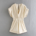 Women's Elegant V-Neck Short Sleeve Romper Polyester Woven Elastic Waist Wide Leg Jumpsuit Casual Summer Party Solid Color Fashion Outfit For Women