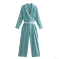 Women's Elegant Notched Lapel Long Sleeve Jumpsuit With Belt Casual Solid Color Wide Leg Romper One Piece Outfit For Office Party Ladies
