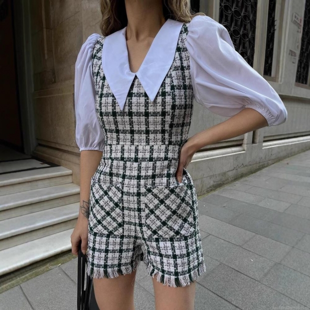 Women Vintage Plaid Tweed Jumpsuit Contrast White Peter Pan Collar Puff Sleeve Romper Elegant Short Jumpsuit With Belt For Party Women Vintage Plaid Tweed Jumpsuit Contrast White Peter Pan Collar Puff Sleeve Romper Elegant Short Jumpsuit With Belt For Party