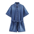 Women's Casual Denim Romper With Waist Tie Bow Lapel Collar Short Sleeve Jumpsuit Button Down Cotton Blend Summer Playsuit For Ladies Women's Casual Denim Romper With Waist Tie Bow Lapel Collar Short Sleeve Jumpsuit Button Down Cotton Blend Summer Playsuit For Ladies