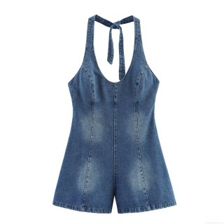 Women's Sexy Halter Neck Denim Romper Washed Blue Cotton Blend Jumpsuit Backless Sleeveless Straight Playsuit With Side Zipper For Summer Party Vacation Women's Sexy Halter Neck Denim Romper Washed Blue Cotton Blend Jumpsuit Backless Sleeveless Straight Playsuit With Side Zipper For Summer Party Vacation