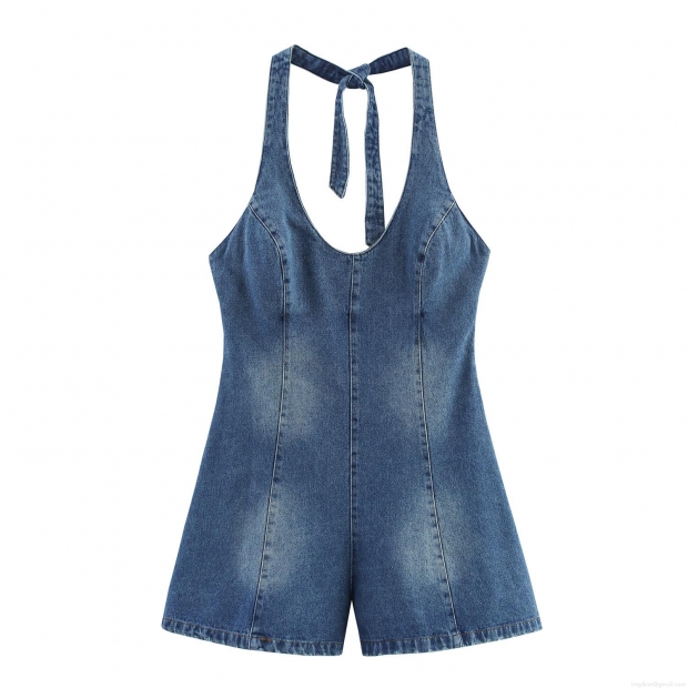 Women's Sexy Halter Neck Denim Romper Washed Blue Cotton Blend Jumpsuit Backless Sleeveless Straight Playsuit With Side Zipper For Summer Party Vacation Women's Sexy Halter Neck Denim Romper Washed Blue Cotton Blend Jumpsuit Backless Sleeveless Straight Playsuit With Side Zipper For Summer Party Vacation