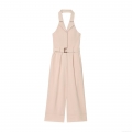 Women Halter Neck Backless Jumpsuit With Belt Elegant Notched Lapel Wide Leg Cotton Blend Sleeveless One Piece Long Pant Romper
