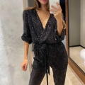 Women's Sexy Deep V-Neck Long Sleeve Sparkly Sequin Jumpsuit Elegant Waist Tie Full Sequin Romper For Party Evening Banquet Formal Clubwear Women's Sexy Deep V-Neck Long Sleeve Sparkly Sequin Jumpsuit Elegant Waist Tie Full Sequin Romper For Party Evening Banquet Formal Clubwear