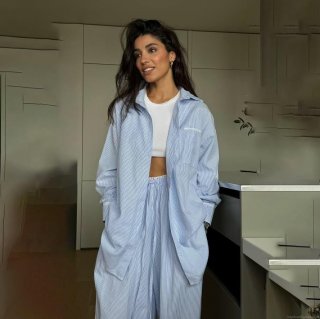 Women's Striped Loungewear Set Lace Stitching Long Sleeve Shirt and Pants Two-Piece Pajama Set for Casual Home Wear