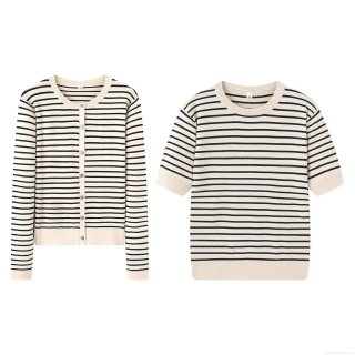Women's Western Style Striped Knitted Cardigan And Short Sleeve Top Two Piece Casual Streetwear Set Round Neck Button Up Knitwear Women's Western Style Striped Knitted Cardigan And Short Sleeve Top Two Piece Casual Streetwear Set Round Neck Button Up Knitwear