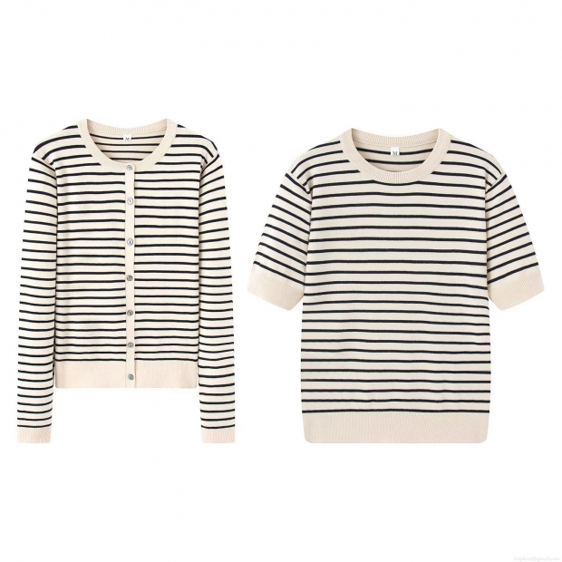 Women's Western Style Striped Knitted Cardigan And Short Sleeve Top Two Piece Casual Streetwear Set Round Neck Button Up Knitwear Women's Western Style Striped Knitted Cardigan And Short Sleeve Top Two Piece Casual Streetwear Set Round Neck Button Up Knitwear