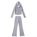 Women's Casual Sports Set Polyester Zip Up Short Hoodie Jacket and High Waist Micro Flare Pants 2 Piece Lounge Yoga Outfits Solid Color Women's Casual Sports Set Polyester Zip Up Short Hoodie Jacket and High Waist Micro Flare Pants 2 Piece Lounge Yoga Outfits Solid Color