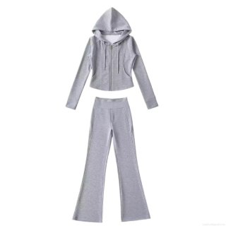 Women's Casual Sports Set Polyester Zip Up Short Hoodie Jacket and High Waist Micro Flare Pants 2 Piece Lounge Yoga Outfits Solid Color Women's Casual Sports Set Polyester Zip Up Short Hoodie Jacket and High Waist Micro Flare Pants 2 Piece Lounge Yoga Outfits Solid Color