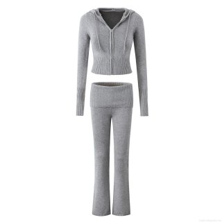 Women's Knit Lounge Set Zip Up Hooded Crop Top And Flare Legging Pants High Elastic Solid Color Ribbed Tracksuit Two Piece Outfits For Winter Autumn Streetwear Women's Knit Lounge Set Zip Up Hooded Crop Top And Flare Legging Pants High Elastic Solid Color Ribbed Tracksuit Two Piece Outfits For Winter Autumn Streetwear