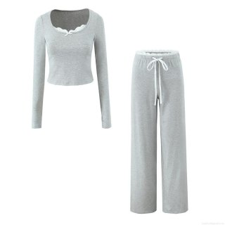 Women's Casual Cotton Blend Rib Knit Loungewear Set Lace Trim Long Sleeve U-Neck Crop Top With Thumb Holes And High Waist Wide Leg Drawstring Pants Two Piece Suit Home Streetwear
