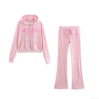 Women's Fashion Pink Velour Tracksuit Set Hooded Zip-up Velvet Hoodie and Drawstring Flare Pants 2 Piece Lounge Set With Downtown Rodeo Print For Spring Autumn Casual Wear Women's Fashion Pink Velour Tracksuit Set Hooded Zip-up Velvet Hoodie and Drawstring Flare Pants 2 Piece Lounge Set With Downtown Rodeo Print For Spring Autumn Casual Wear