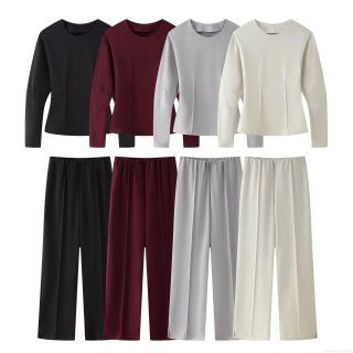 Women's Casual Two-Piece Loungewear Set Solid Round Neck Sweatshirt And High Waist Wide Leg Pants Set Polyester Sporty Tracksuit For Women Women's Casual Two-Piece Loungewear Set Solid Round Neck Sweatshirt And High Waist Wide Leg Pants Set Polyester Sporty Tracksuit For Women