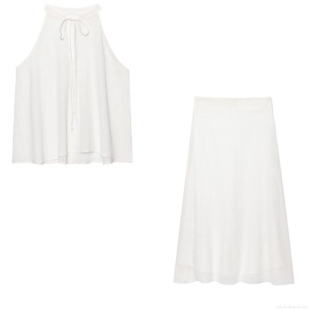 Summer Women Halter Neck Sleeveless Tie Top And High Waist Midi Skirt Two Piece Set Plain White Polyester Cotton Linen Blend Casual Outfits Summer Women Halter Neck Sleeveless Tie Top And High Waist Midi Skirt Two Piece Set Plain White Polyester Cotton Linen Blend Casual Outfits