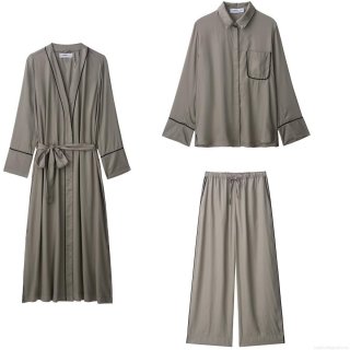Women's Elegant 3-Piece Loungewear Set Satin Silk-Like Long Robe Button Down Shirt And Wide Leg Pants With Contrast Piping Casual Sleepwear Home Suite Women's Elegant 3-Piece Loungewear Set Satin Silk-Like Long Robe Button Down Shirt And Wide Leg Pants With Contrast Piping Casual Sleepwear Home Suite