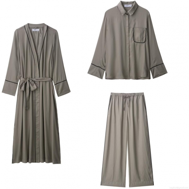 Women's Elegant 3-Piece Loungewear Set Satin Silk-Like Long Robe Button Down Shirt And Wide Leg Pants With Contrast Piping Casual Sleepwear Home Suite Women's Elegant 3-Piece Loungewear Set Satin Silk-Like Long Robe Button Down Shirt And Wide Leg Pants With Contrast Piping Casual Sleepwear Home Suite
