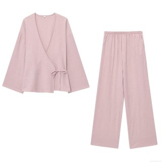 Women Two Piece Set Crepe Textured Wrap V Neck Long Sleeve Top And Wide Leg Trousers Dried Rose Pink Minimalist Lounge Wear Summer Casual Outfit Women Two Piece Set Crepe Textured Wrap V Neck Long Sleeve Top And Wide Leg Trousers Dried Rose Pink Minimalist Lounge Wear Summer Casual Outfit
