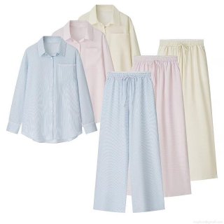 Women's Striped Lace Trim Loungewear Set Polyester Long Sleeve Button Down Shirt And Elastic Waist Wide Leg Casual Pants Street Fashion Two Piece Set Women's Striped Lace Trim Loungewear Set Polyester Long Sleeve Button Down Shirt And Elastic Waist Wide Leg Casual Pants Street Fashion Two Piece Set